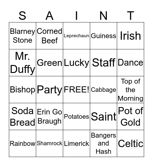St. Patrick Bingo Card
