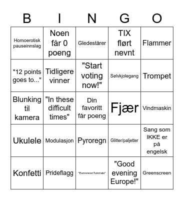 Eurovision bingo Card