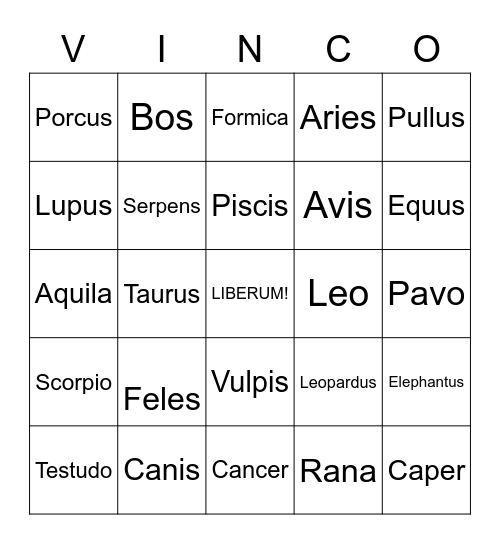 Animalia Bingo Card