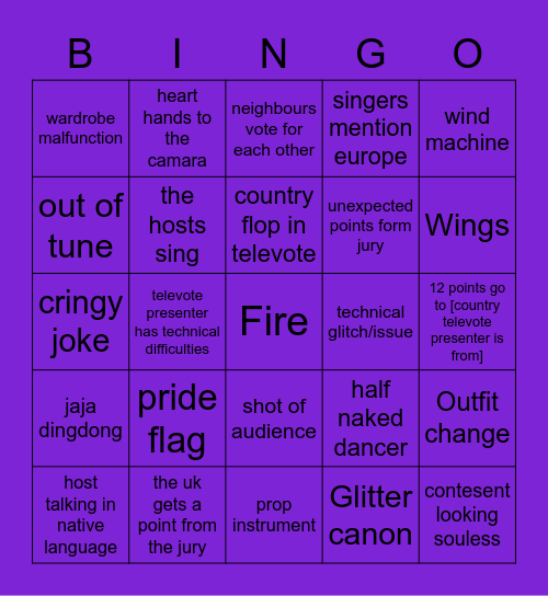 Eurovision Bingo Card