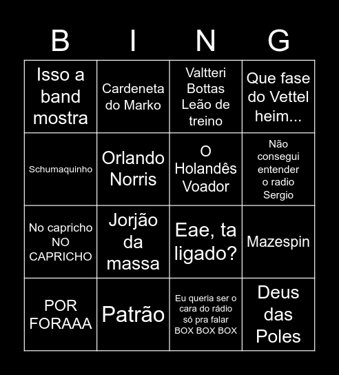 Bingo F1 na Band Bingo Card