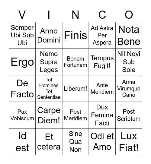 Sententiae Bingo Card