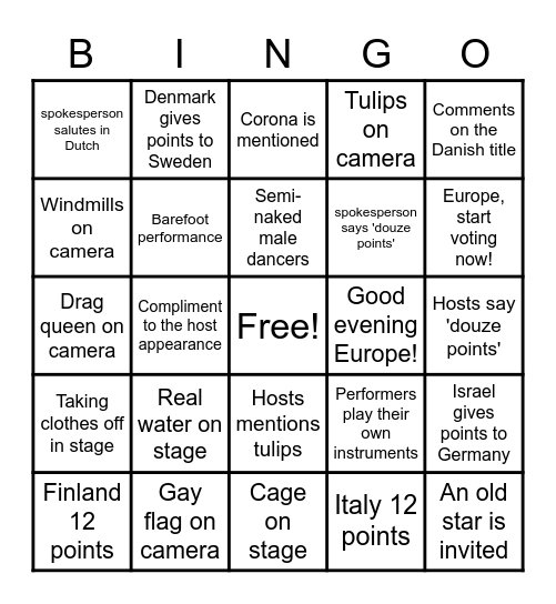 Eurovision Song Contest 2021 Bingo Card