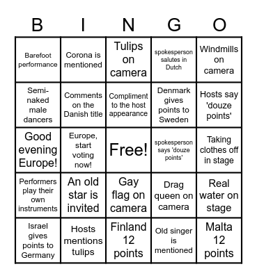 Eurovision Song Contest 2021 Bingo Card