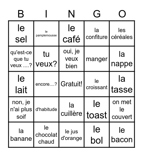FR 1 - Ch 6-1 Food Vocab Bingo Card