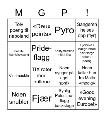 Eurovision Bingo Card