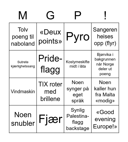 Eurovision Bingo Card