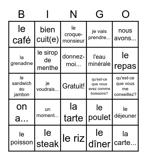 FR 1 - Ch 6-2 Food Vocab Bingo Card