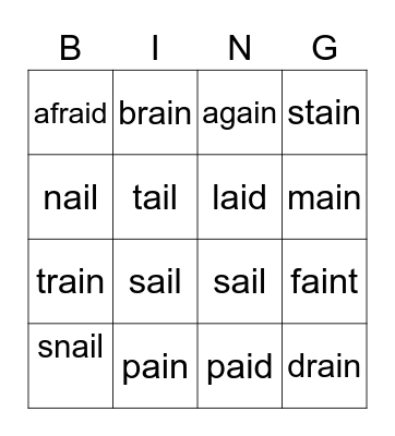 Phonics Group 4 ai Bingo Card