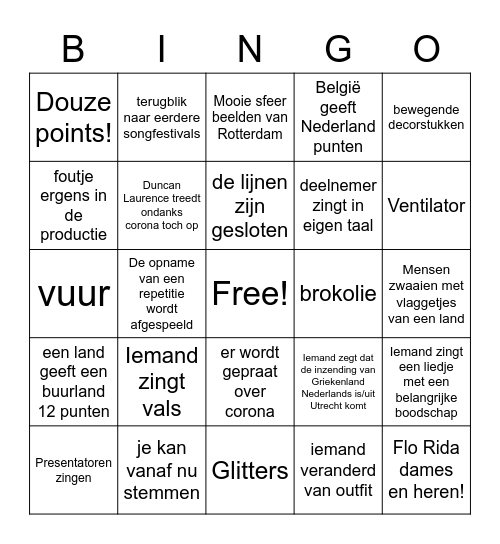 Songfestival bingo Card