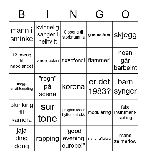 Eurovision på Løren Bingo Card