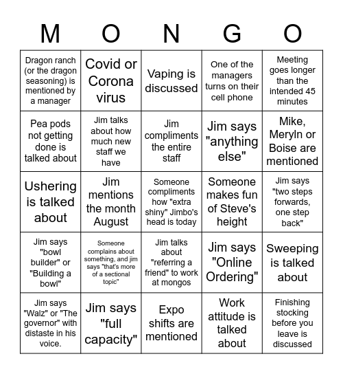 Mongo's bingo Card