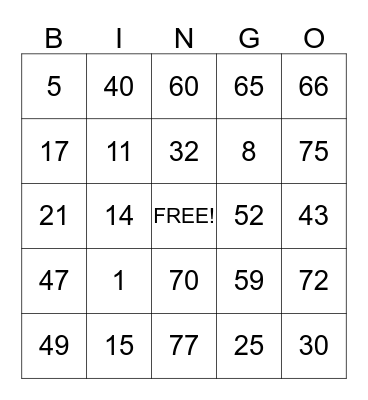 NUMBER BINGO Card