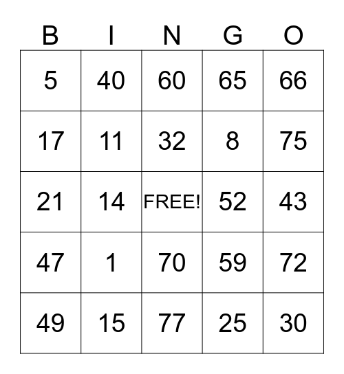 NUMBER BINGO Card