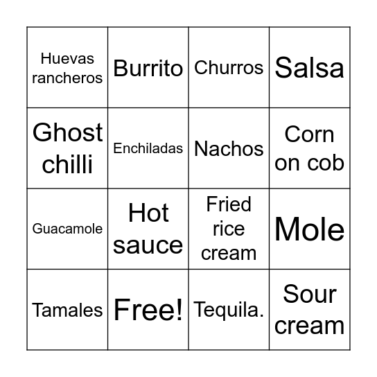 Mexican food Bingo Card