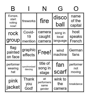 Eurovision 2021 Bingo Card