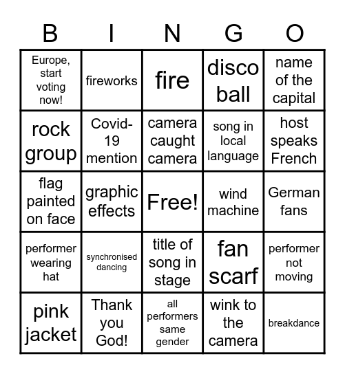 Eurovision 2021 Bingo Card