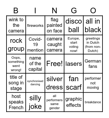 Eurovision 2021 Bingo Card