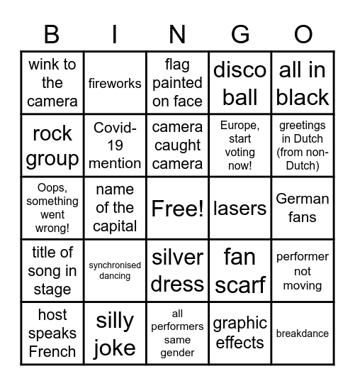 Eurovision 2021 Bingo Card