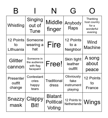 Eurovision 2021 Bingo Card