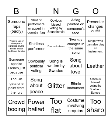 Eurovision 2021 Bingo Card