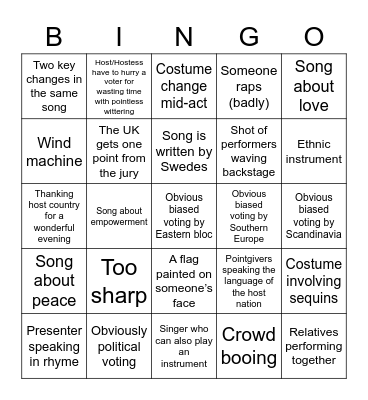 Eurovision 2021 Bingo Card