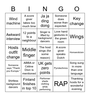 Eurovision 2021 Bingo Card