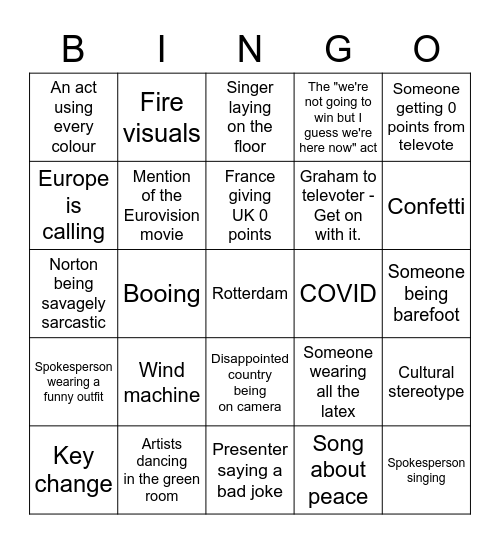 EUROVISION 2021 Bingo Card