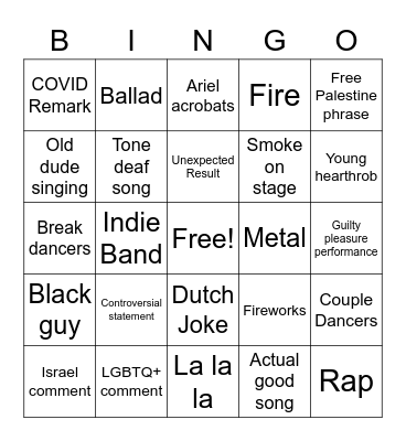 Eurovision 2021 Bingo Card