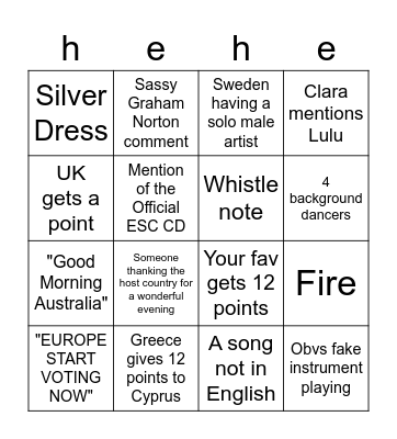 Eurovision Bingo Card