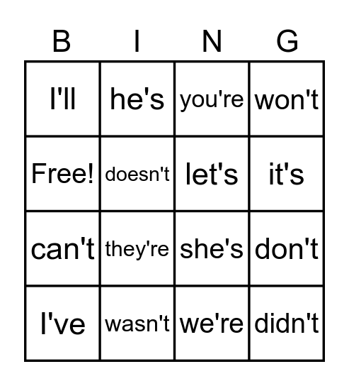 Contractions Bingo Card