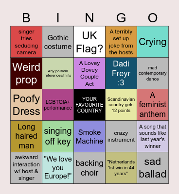 Eurovision 2021 Bingo Card