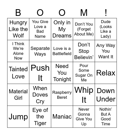 BOOM - Totally 80s Bingo Card