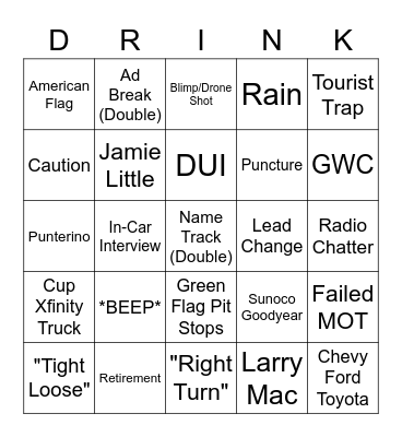NASCAR Bingo Card