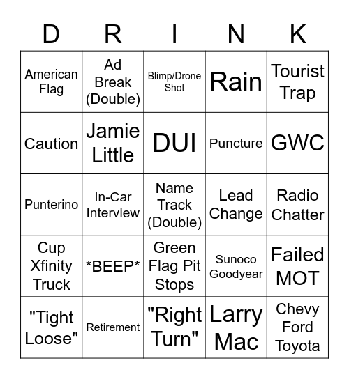 NASCAR Bingo Card