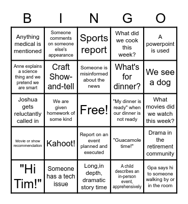 Family Zoom Bingo Card