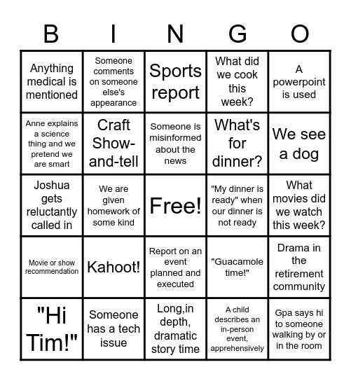 Family Zoom Bingo Card