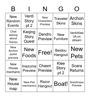 Genshin 1.6 Livestream Bingo Card