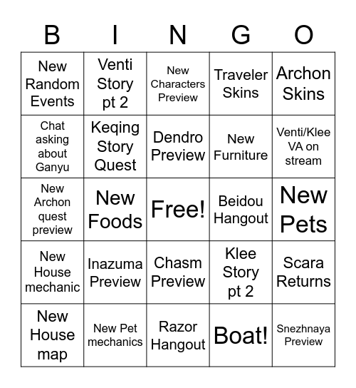 Genshin 1.6 Livestream Bingo Card