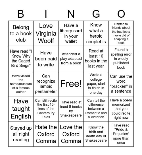 LC English Department Bingo Card