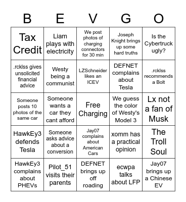 Electric Vehicles Discord Bingo Card