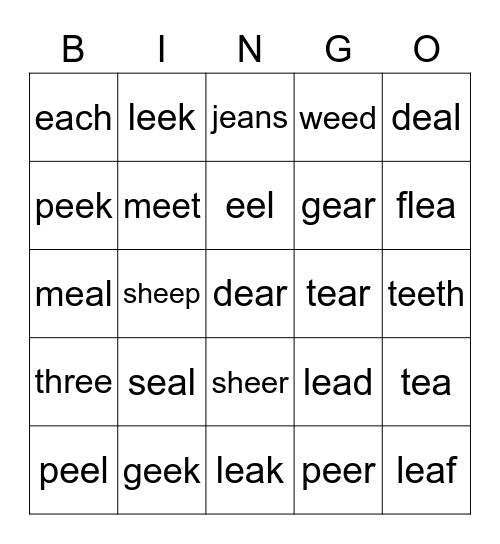 Funny Phonics 4 Unit 9 ee ea words Bingo Card