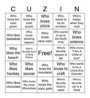 Cousin Bingo Fun Bingo Card