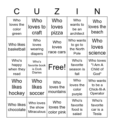 Cousin Bingo Fun Bingo Card
