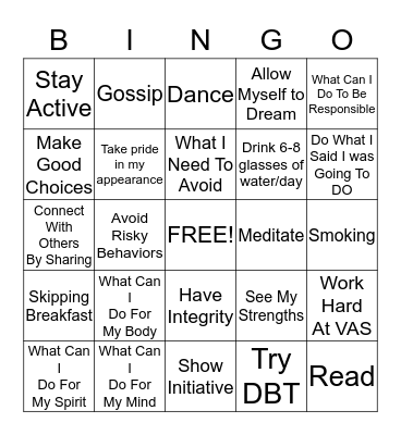 Healthy Habits Bingo Card