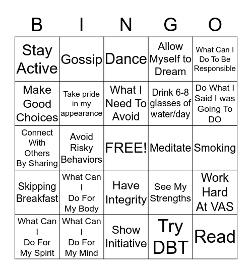 Healthy Habits Bingo Card