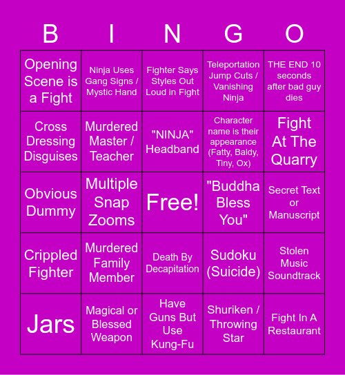 Shaolin Bingo Card