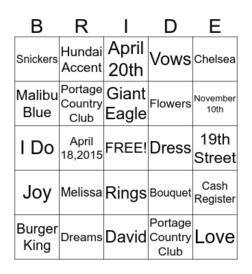 MELISSA & DAVID Bingo Card