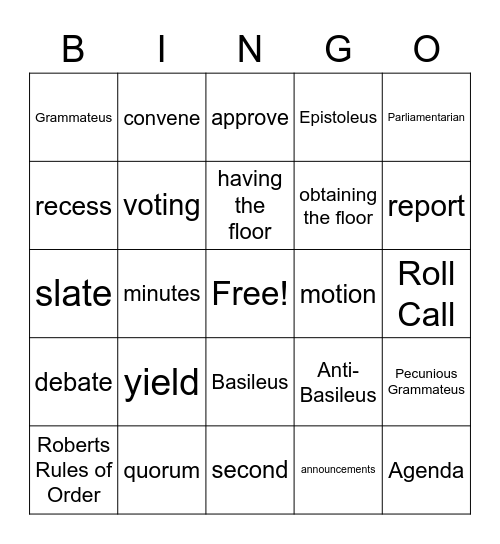 Parliamentary Procedure Bingo Card