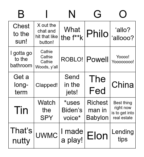 Trading Fraternity Bingo Card